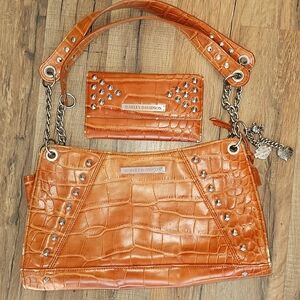 Harley-Davidson Orange Croc Shoulder Bag with Silver Accents